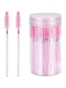 200/100/50/10pcs Eyelash Brush, Eyelash Mascara Brush (With Storage Box), Flexible Disposable Eyebrow Brush, Eyelash Extension Brush, Eyebrow Brush, Castor Oil Brush (Crystal Powder) - Pink - View 1