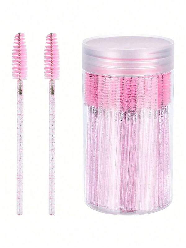 200/100/50/10PCS Pincéis de cílios, bastões de rímel com recipiente, carretéis de sobrancelha descartáveis dobráveis, pincel de cílios para extensões de cílios, carretel de sobrancelha, pincéis de óleo de rícino (rosa cristal)