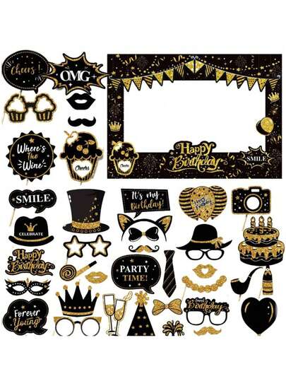 38pcs Gold Glitter Birthday Frame Photobooth Prop For Men Women Birthday Party Decoration, Bday Party Decor Photo Booth, Funny & Cute Holiday Birthday Party Supplies (Gold & Black)