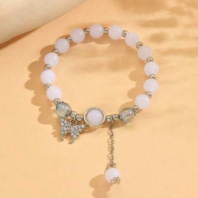1 pieza Brazalete minimalista de cristal de Piedra Lunar gris y blanco, accesorio versátil y elegante adecuado para niñas