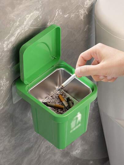 1pc Stainless Steel Wall Mounted Ashtray With Lid, Trash Can Shape - Anti-Flying Ash, Creative Home And Bathroom Decoration, Suitable For Living Room, Bedroom, Holiday Gift