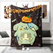Sanrio 1 Stück Halloween Pudding Hund Anime Decke - gestrickte Polyester Plüsch, moderne digitale Bedruckung, Cartoon-Thema, komfortable Heimdekoration Bettwäsche für alle Jahreszeiten, maschinenwaschbar