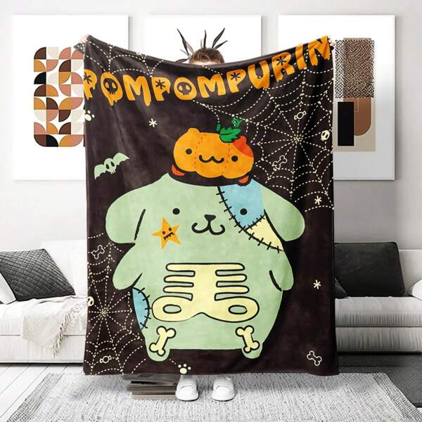 Sanrio 1 cobertor de anime com estampa de pudim de Halloween para cachorro - pelúcia de poliéster tricotada, impressão digital moderna, tema de desenho animado, capa de cama confortável para decoração de casa para todas as estações, lavável à máquina