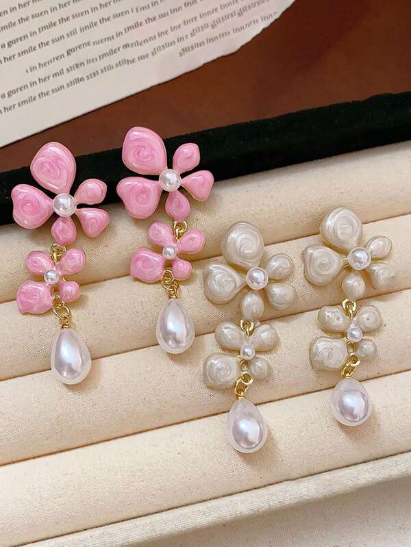 2 Pcs French Style Enamel Flower & Teardrop Pearl Design Long Earrings, Elegant Sweet Woodland Vibe