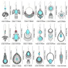 TopHanqi 3 Paar modische Ohrringe Set für Damen, vintage silberne Türkis-Hängeohrringe, einzigartige geometrische runde und Blumen-Statement-Ohrringe, für den Alltag, Partys, als Geschenk, für alle Jahreszeiten