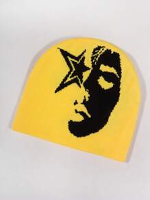 1pc Face Pattern Intarsia Knit Beanie Hat, Fashionable Y2K Vibe, Warm And Windproof