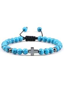 Handmade Woven Bracelet With Turquoise Cross Beads, Men Sports Accessory, European & American Import Jewelry
