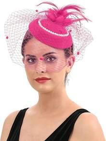 Ibeauti Fascinator Hats With Screentouch Lace Gloves Set Women Tea Party Cocktail Wedding Derby Headwear Short Gloves - 01 亮粉色 - 查看 5