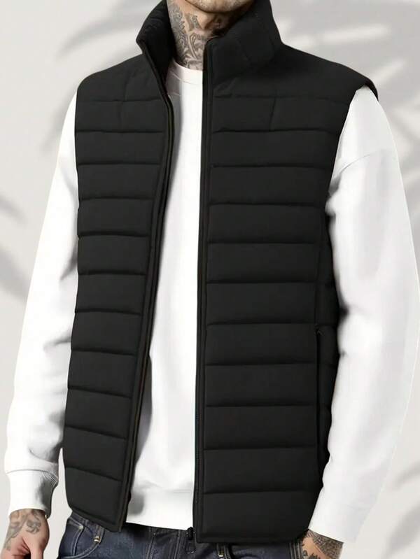 1 pieza Chaqueta sin mangas para hombre, cuello alto, cálida y de moda versátil, para otoño/invierno, chaqueta forrada térmica
