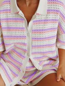 Conjunto de pijama de 2 piezas para mujer, ropa de estar por casa, trajes de rayas con botones de color en contraste, tops y pantalones cortos de punto de crochet, conjuntos de estar por casa - Morado - Ver 2