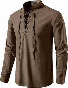 Men's Pure Cotton Retro Lace Up Shirts For Renaissance Pirate Viking Medieval - Coffee - View 1