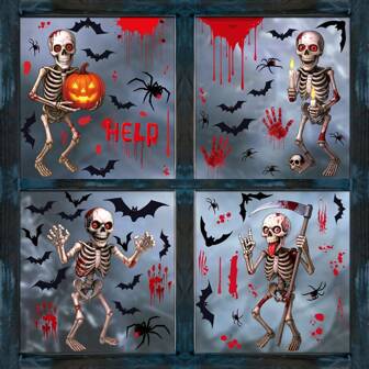 6pcs 4pcs 2pcs 1pc Pumpkin Skull Window Stickers Halloween Glass Stickers Horror Spider Blood Handprint Spider Web Bat Electrostatic Adsorption Decoration, Suitable For Haunted House Parties, Homes, Bedroom Glass Wall Decoration (No Electricity Required), Holiday Window Stickers | Haunted House Accessories | PVC Stickers, Halloween Decorations