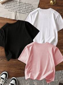 3 pezzi/hir Girocollo corto a T corto con stampa casual Girls', abbigliamento estivo per studenti giovani - Giroscopio colorato a trecce e felicità per ogni bambino!