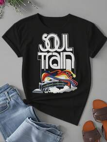 Women's Retro Soul Train Pattern T-Shirt - Black 70s Disco Party Shirt With Blue And Red Accents - Soft Crew Neck Casual Top, Machine Washable For Summer Themed Events And Casual Outfits, Classic Crew Neck Design, Comfortable Fit, Durable Print - 黑色 - 查看 2