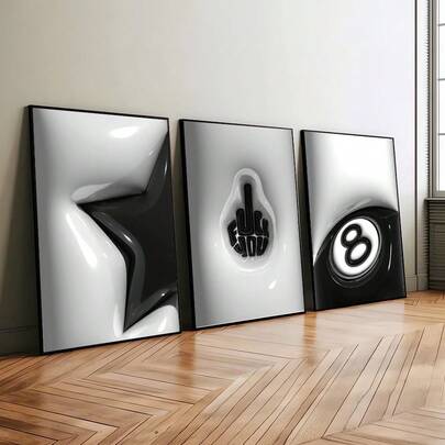 1/3 件无框黑星 8 球墙壁艺术海报帆布印刷极简主义酷炫城市街头艺术时髦画作适用于宿舍、客厅、卧室、现代家居装饰、男士礼物