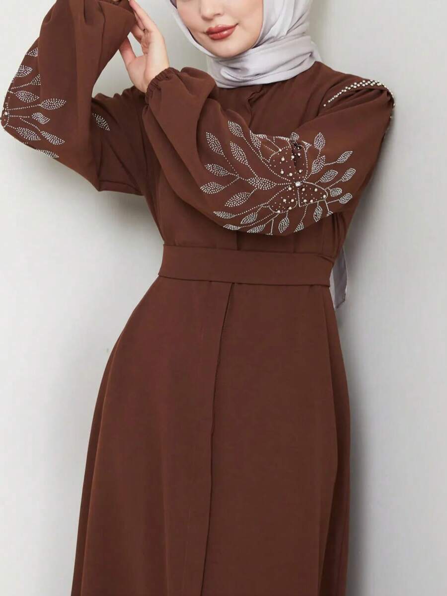 Solid Color Elegant European & Middle Eastern Turkish Style Women's Long Dress With Zipper, Pearl And Rhinestone Decorated Long Sleeve Abaya