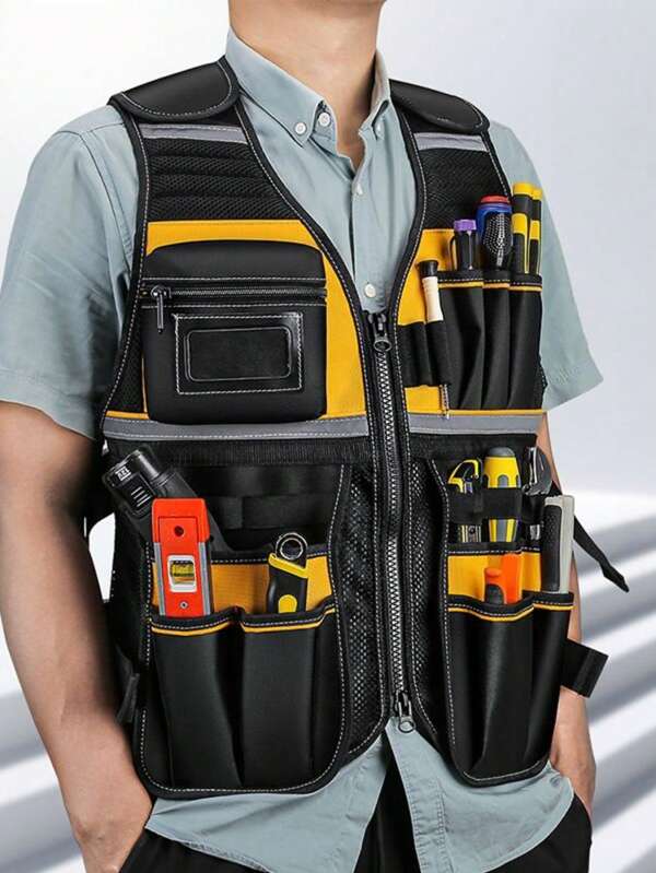 Multi-Pocket Vest Storage Bag Rescue Site Electrician Maintenance Clothing Work Garden Bag Multi-Function Hardware Tool Vest,Retractable Pen Holder For Handyman,Electrician,Carpenters(Yellow)