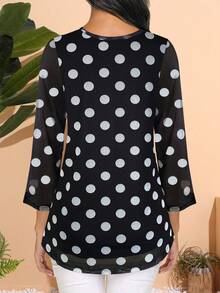 CheersLife 女式七分袖束腰上衣休闲宽松花卉衬衫网眼褶皱多层衬衫 - 黑色 - 查看 4