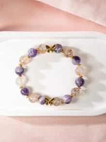 2 Pcs/Set Ring & Bracelet, Adjustable Ring For Women, High Quality Natural Purple Crystals Bracelets With Golden Butterfly Pendant, 10mm Beads Jewelrys For Travel Wear By Women, Best Friend Gift