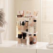 豪华旋转化妆品收纳盒透明展示架适用于梳妆台、浴室台面香水护肤品托盘 - 無色 - 查看 2