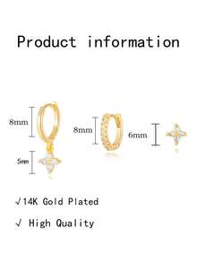 3件套14K镀金小锆石花朵耳钉，轻盈低敏，适合耳软骨、耳垂、耳廓、耳屏等穿孔部位，女士及女孩适用。