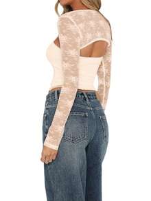 Women Lace Bolero Shrug See Through Floral Cardigan Sheer Mesh Cropped Y2K Going Out Tops  Plain  Cut & Sew    Elegant  Casual    Rib-Knit - 杏色 - 查看 4