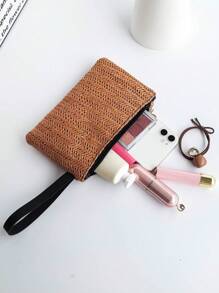 Women's Brown Woven Bohemian Style Clutch Bag, Suitable For Vacation