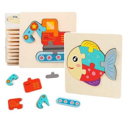 Kit 3 Quebra-Cabeça de Madeira 4D Desenho de Animais ou Veículos Brinquedo Infantil Educativo
