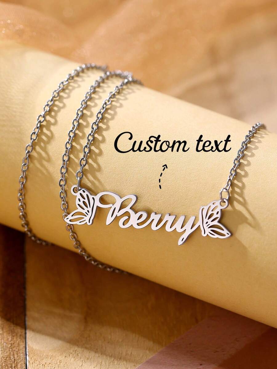 Personalized Butterfly Name Necklace, Stainless Steel Chain Pendant Jewelry, Best Birthday Gift For Women - Silver - View 1