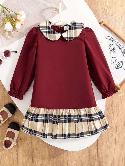 Vestido largo de manga larga con parches de cuadros, estilo universitario, cuello con plisados, puños fruncidos, para niñas, apto para primavera, otoño y todo tipo de ocasiones, atuendo vintage y clásico