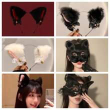 White - Animal Claw Paw Gloves With Cat Ears & Tail, Cute Plush Costume Props, Suitable For Cosplay, Halloween