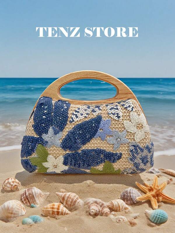 1pc Random Pattern Design Wicker Bag, Sculptedstyle Colorful PVC Sequin Floral Pattern Mesh Embroidery Wooden Handle Women's Clutch Bag, Fashion Sparkly Vacay Vibes Summer Bag For Leisure, Holiday Party/ Vacation, Fits All Vanilla Style, Suitable For Beach Mode On, Vacay Romance, Summer Vibes