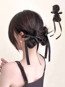 Accessori per capelli a molletta in stile fashion per le donne, parrucca sintetica con fiocco nero in nastro di seta dolce e carino, extension per capelli