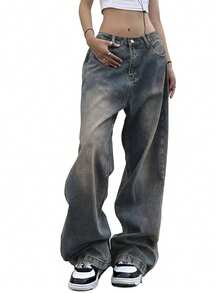 Women Wide Leg Jeans Mid-Low Waist Baggy Jeans Loose Boyfriends Jeans Vintage Y2K 90s Denim Pants - 深色水洗藍 - 查看 4