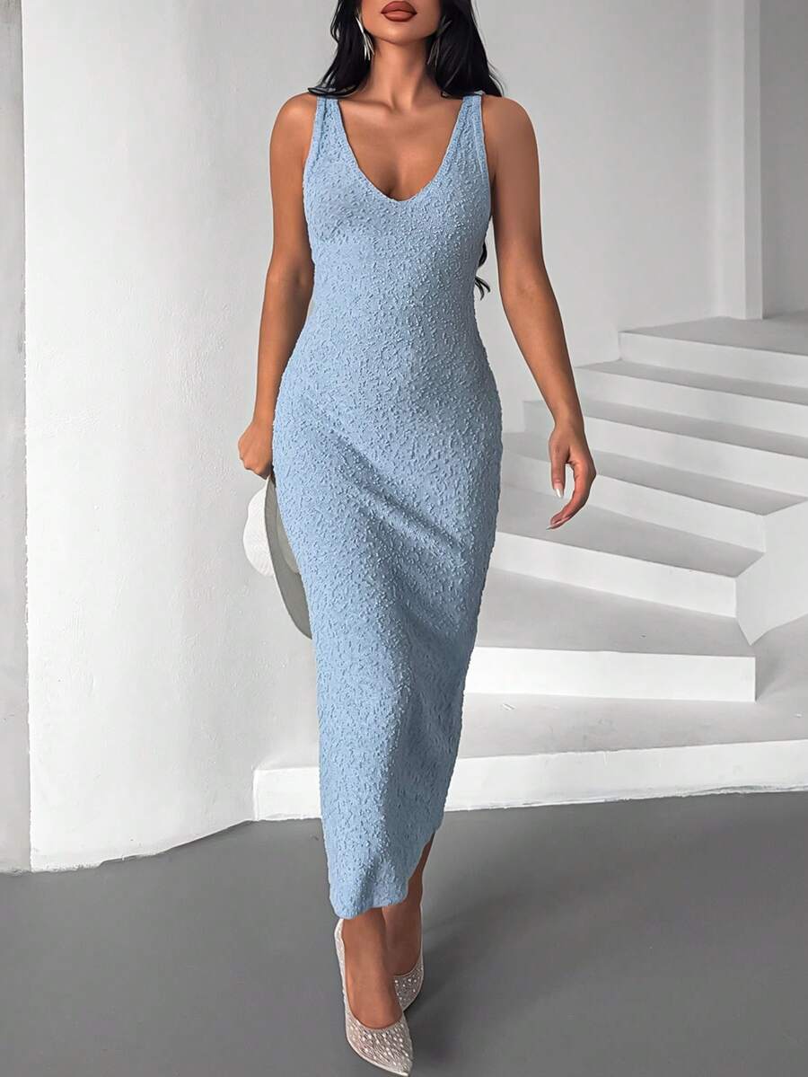 Women's Solid Color Co-Ords, Casual Elegant Open Back Ribbed Split Design - Blue - View 1