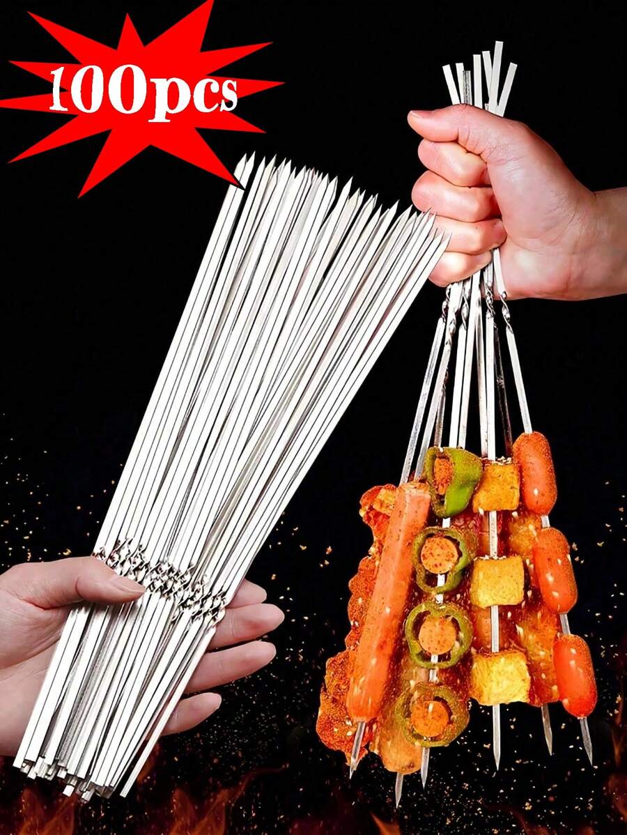 100pcs Barbecue Skewers,30CM In Length Stainless Steel Barbecue Needles, Multi-Purpose Metal Grill Kebab Skewers,Charcoal Barbecue,Barbecue Skewers, Lamb Skewers, Corn Forks, Flat Iron Skewers, Gathering BBQ, Family Parties,Outdoor Cooking,Eid Al-Adha