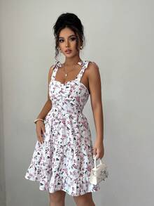 New Women's Lace-Up Bow Small Floral Print Cinched-Waist One-Piece Mini Skirt - White - View 5