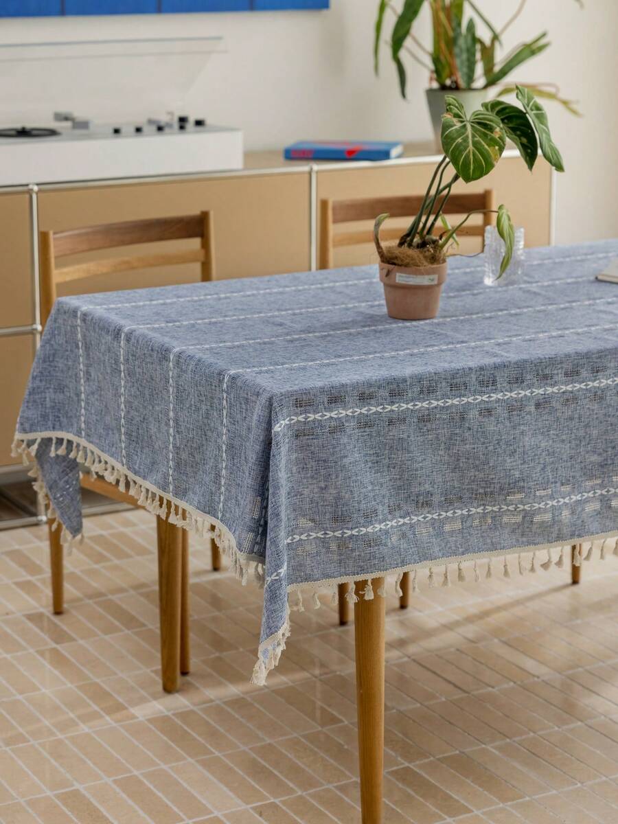 1pc Scandinavian Style Blue Lattice Hollow-Out Tablecloth, Rectangle Striped Embroidered Tassel Multifunctional Cover Cloth, Suitable For Festival, Party, Birthday, Dinner, Home, Dorm Decor