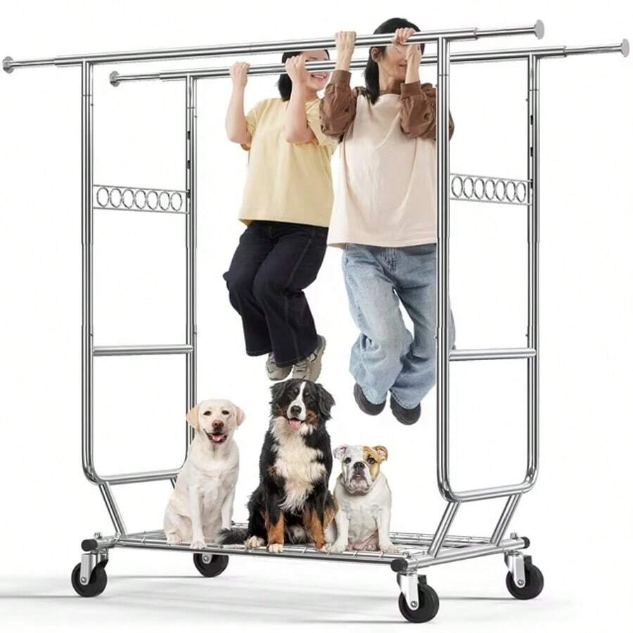 600 Lbs Heavy Duty Clothing Garment Rack With Shelves Commercial Grade Clothing Racks On Wheels Rolling Double Clothes Rack Portable Collapsible Adjustable, Chrome Finish, Adjustable Double Rail Commercial Grade Garment Rack Clothing Rack, Silver - 銀色 - 查看 1