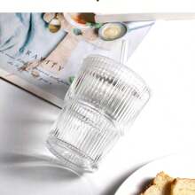 1pc Summer Fashion Striped Glass Water Cup, Reusable Beverage Glass With/Without Lid, Thickened Glass Suitable For Iced Coffee, Smoothie, Cocktail And Juice, Elegant And Durable Drinkware