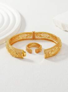 2pcs Set: 22K Gold Plated Hollow Cross & Wheat Pattern Bangle Bracelet And Ring Middle Eastern Saudi Arabia Style Jewelry, Gift For Family And Friends