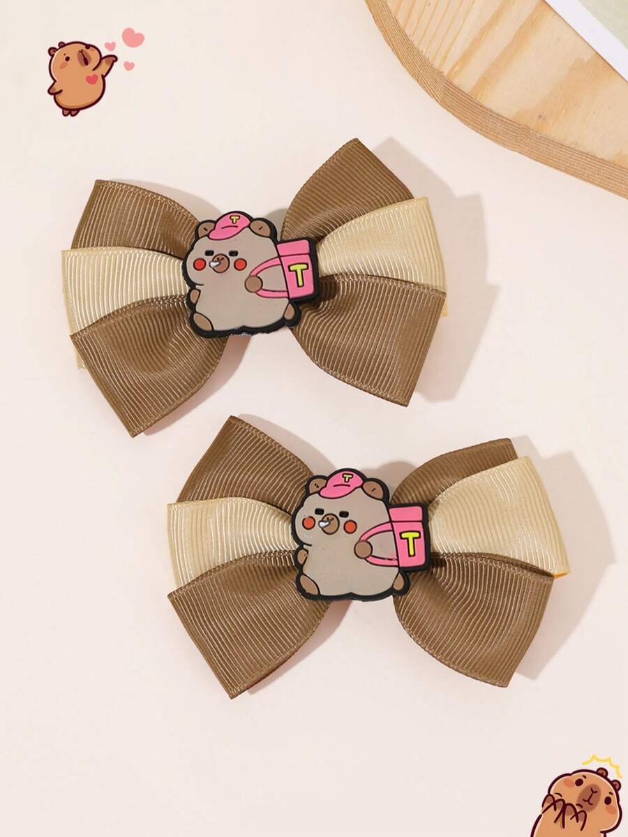 2pcs Capybara Hair Bows For Girls Beige Brown Grosgrain Ribbon Bow Alligator Clips With Capybara Accessory Cute Capybara Bow Hair Clips Adorable Animal Bow Barrettes Teens Hair Accessories