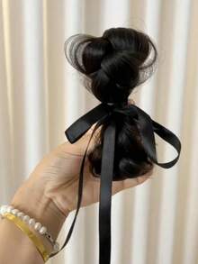 Accessori per capelli a molletta in stile fashion per le donne, parrucca sintetica con fiocco nero in nastro di seta dolce e carino, extension per capelli