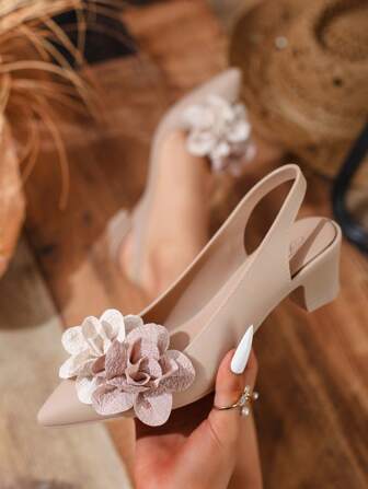 Women's Casual Pointed Toe High Heel Shoes, Floral Pattern Chunky Heel, Elegant Formal Style, Spring/Summer Outdoor, Camel Color