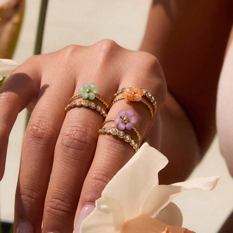 Uworld Summer Vacation 18K Gold Plated Stainless Steel Multi-Layer Crystal Colored Flower White Zirconia Ring Women Jewelry Gift