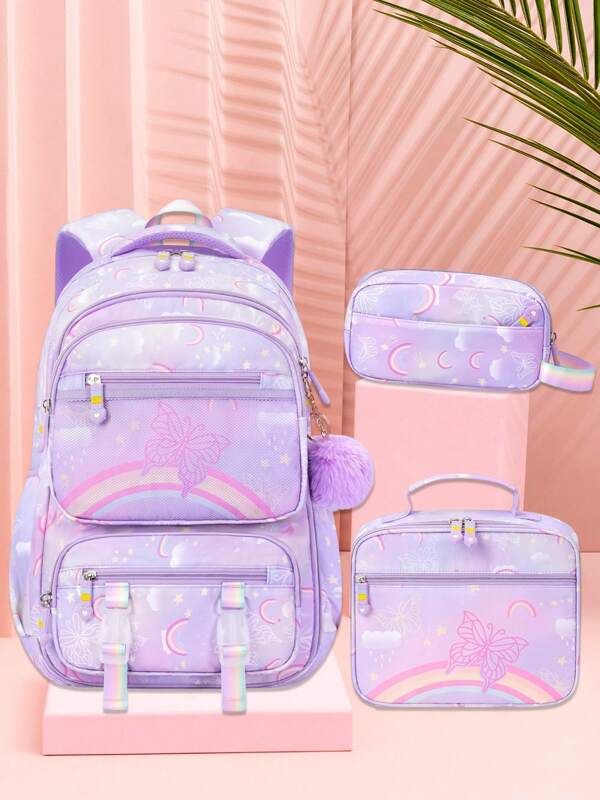 Kawaii Backpack Rainbow & Butterflies Bookbag For Teen Girls, 3PCS Kids Backpack With Lunch Box & Pencil Case, Cute Backpack School Bag For Kindergarten Elementary Middle High School Student Back To School Kid Bookbag Set