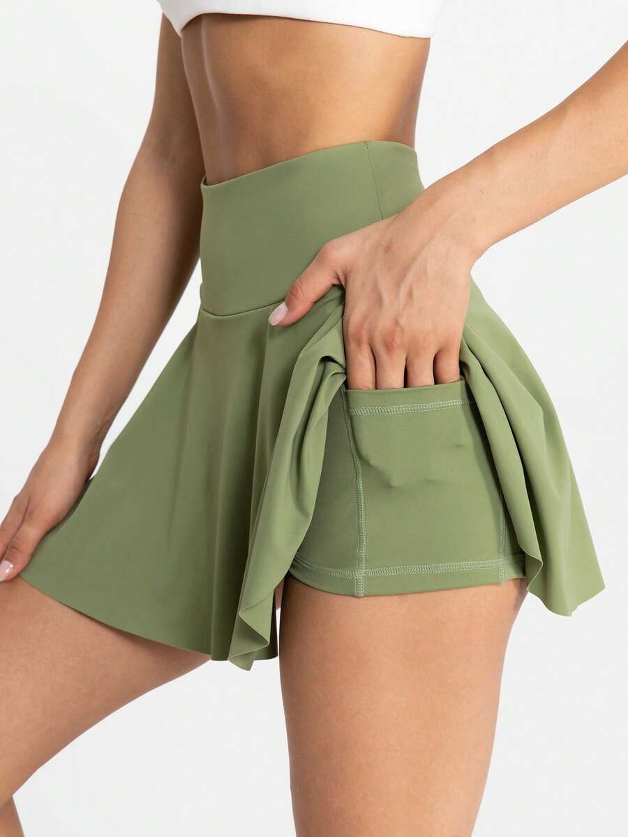 Women  Brocade Double-Sided Fake Two-Piece Flat Waist Side Pocket Skirt And Pants - Army Green - View 1