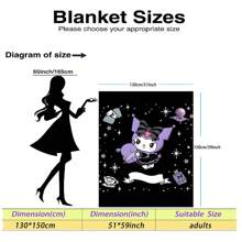 Sanrio Kuromi Anime Decke mit Motiv der Zauberball-Karte - Hergestellt aus gestricktem Polyesterfleece, moderner Digitaldruck, Cartoon-Thema, Katzenbekleidung, bequeme Wohndekoration-Decke für alle Jahreszeiten, maschinenwaschbar