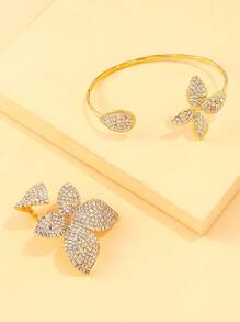 1 Set Boho Floral Open Ring Bangle Bracelet Set For Women, Minimalist Crystal Flower Bride Wedding Jewelry Accessories