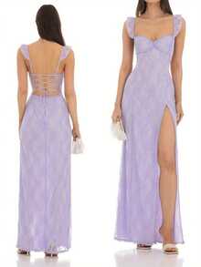 Women's Long Lace Dress Slim Sweetheart Neck Ruffled Sleeve Back Cross Tie-Up High Split Backless Cami Dress - 淺紫色 - 查看 1